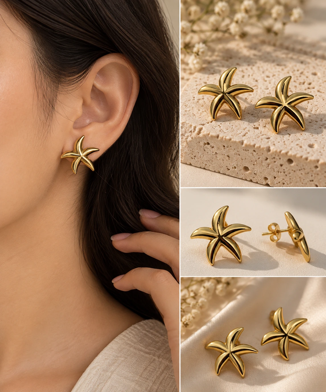 Trinaari Golden Starfish Studs