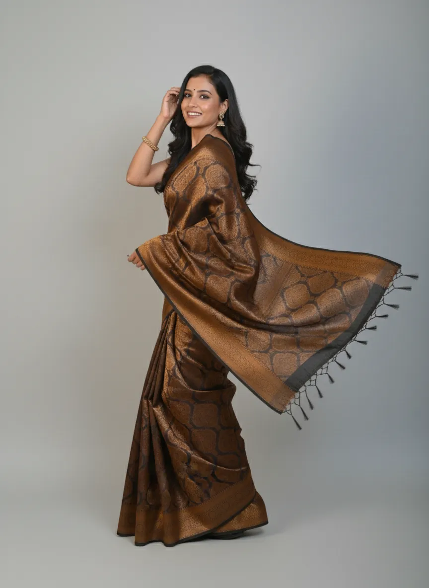 Rajvanshi Mocha Gold Banarasi Saree