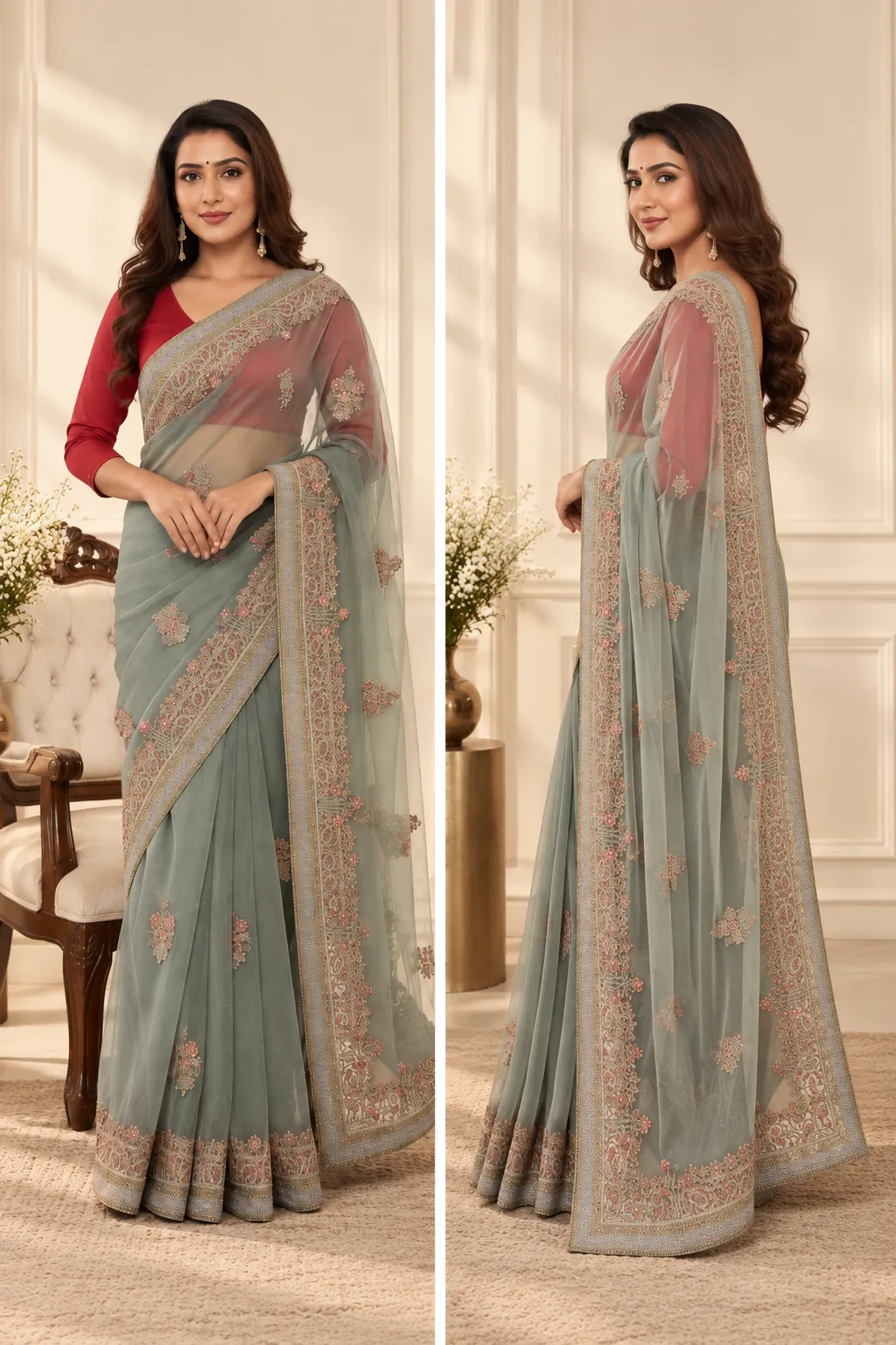 Aarohi Pastel Embroidered Net Saree