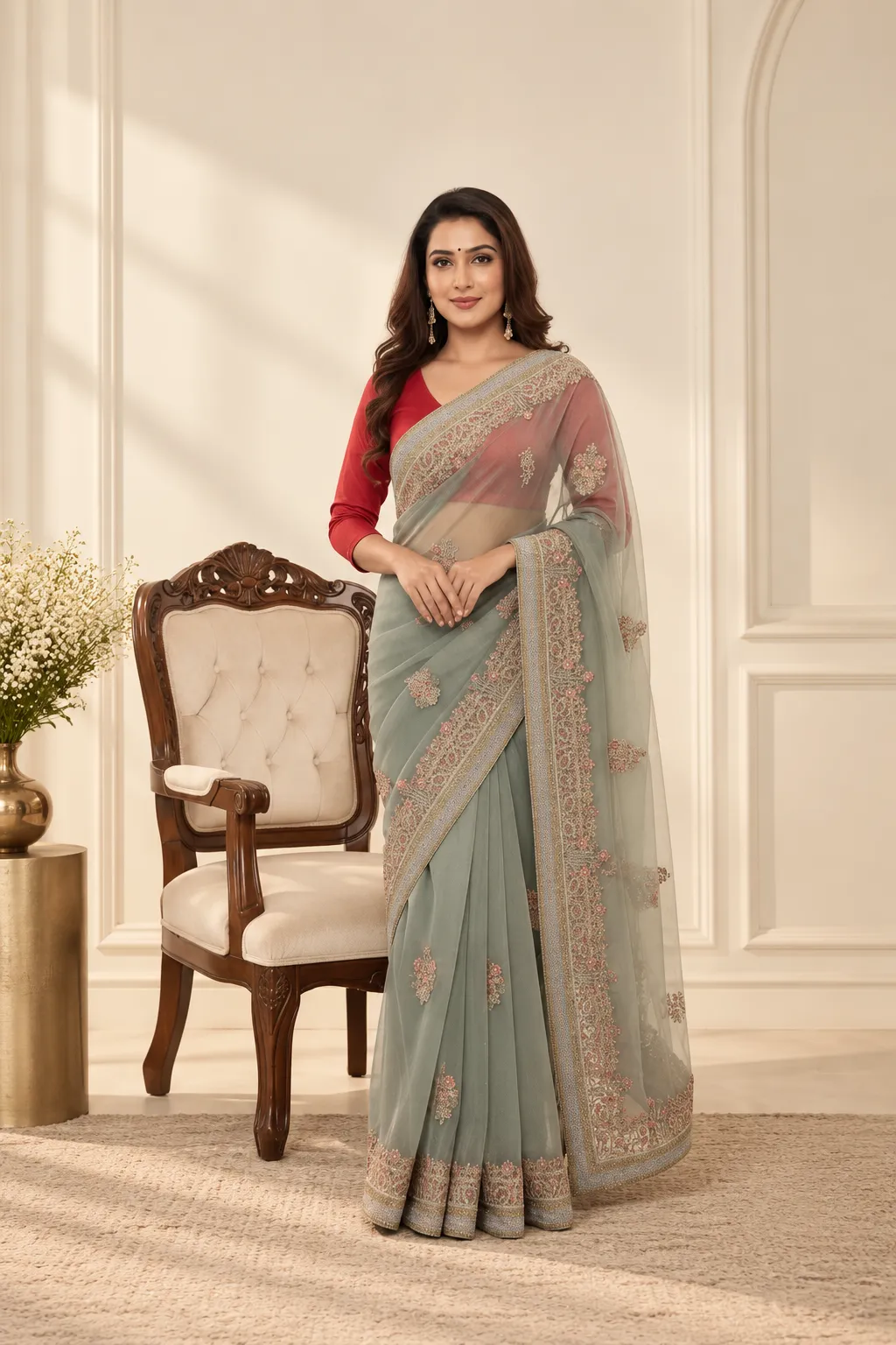 Aarohi Pastel Embroidered Net Saree